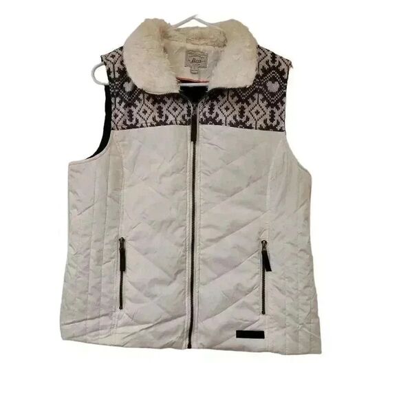 GH Bass Women's Ivory/Gray Poly Full Zip Front Vest w Faux Fur Collar & Zip Clos - Picture 1 of 10